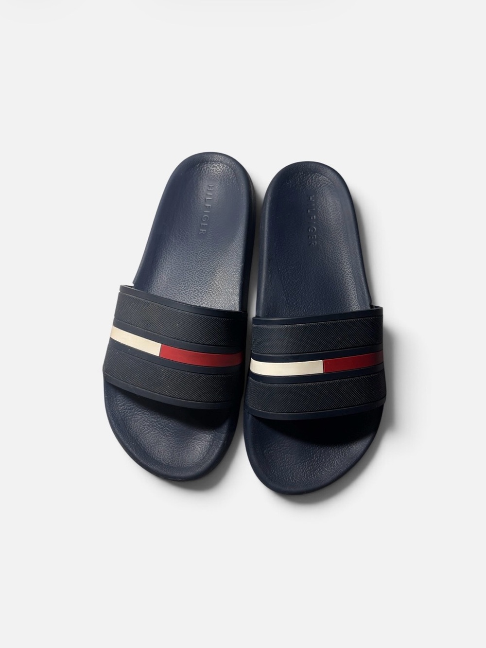 Tommy Hilfiger Navy Slide Sandals with Red & White Stripe Accent